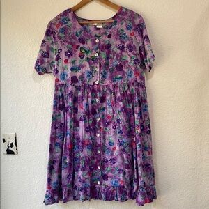 Ellen Jay Women's 90s Purple Floral Retro Prairie Cottagecore Cotton Dress Sz M